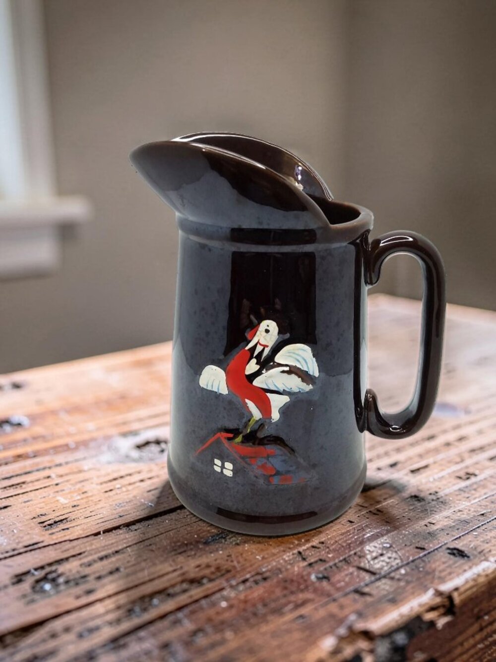 vintage redware brown glazed pottery wide mouth pitcher